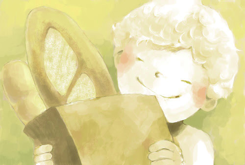 子どもがフランスパンを抱えて喜んでいる水彩タッチの幸せそうな絵